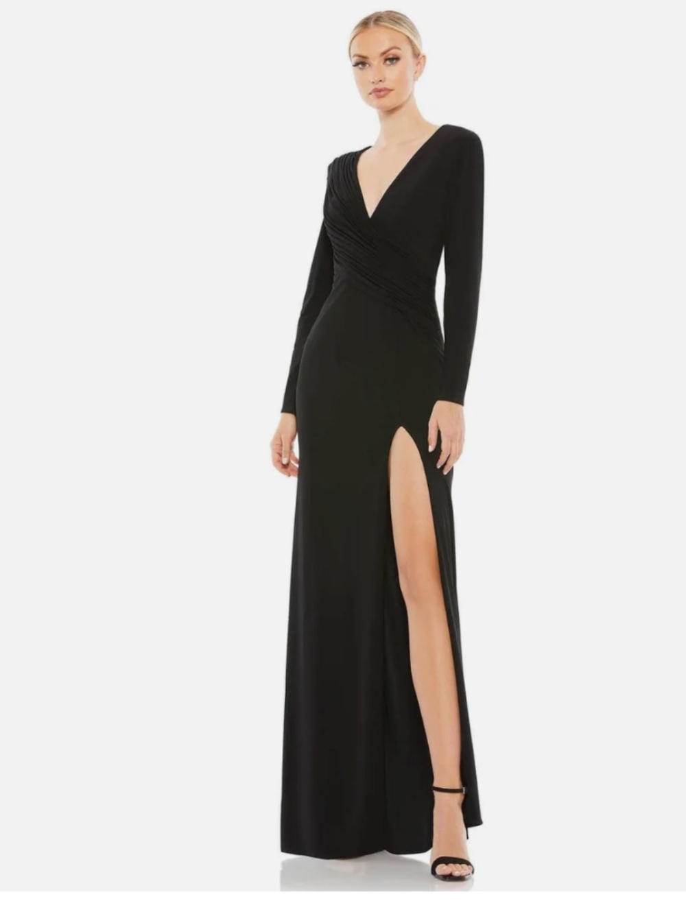 Ieena Mac Duggal Black V-Neck Slit Evening Gown Dress Long Sleeve New 16